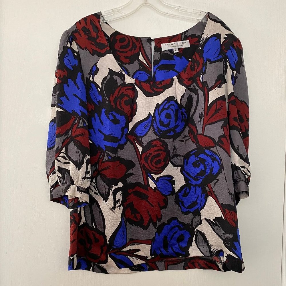 trina turk silk floral short sleeve blouse